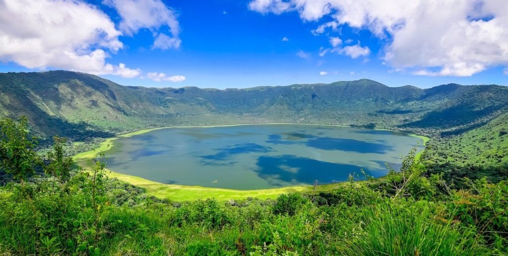 Aerial view of Ngorongoro Crater and its lake