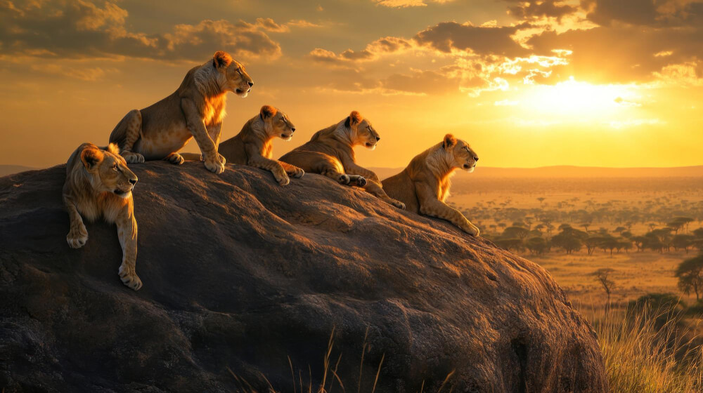 Lionesses resting on a rocky kopje at sunset on the African savanna